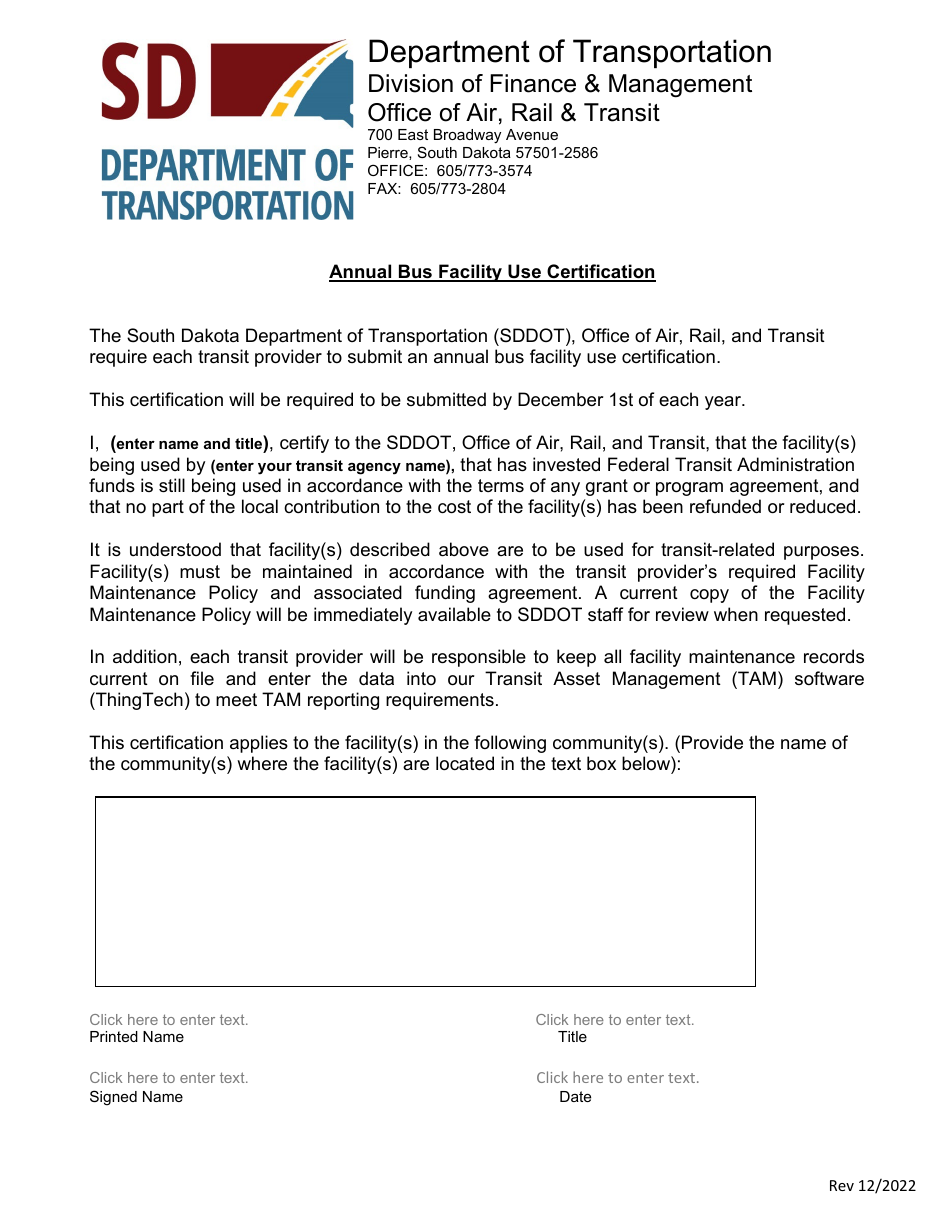 Annual Bus Facility Use Certification - South Dakota, Page 1