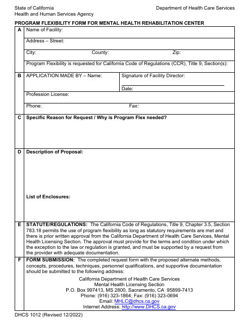 Form DHCS1012 Program Flexibility Form for Mental Health Rehabilitation Center - California