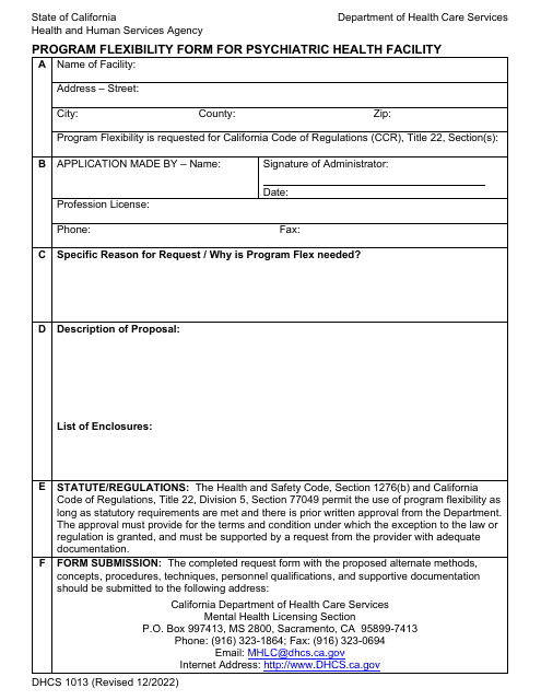 Form DHCS1013  Printable Pdf