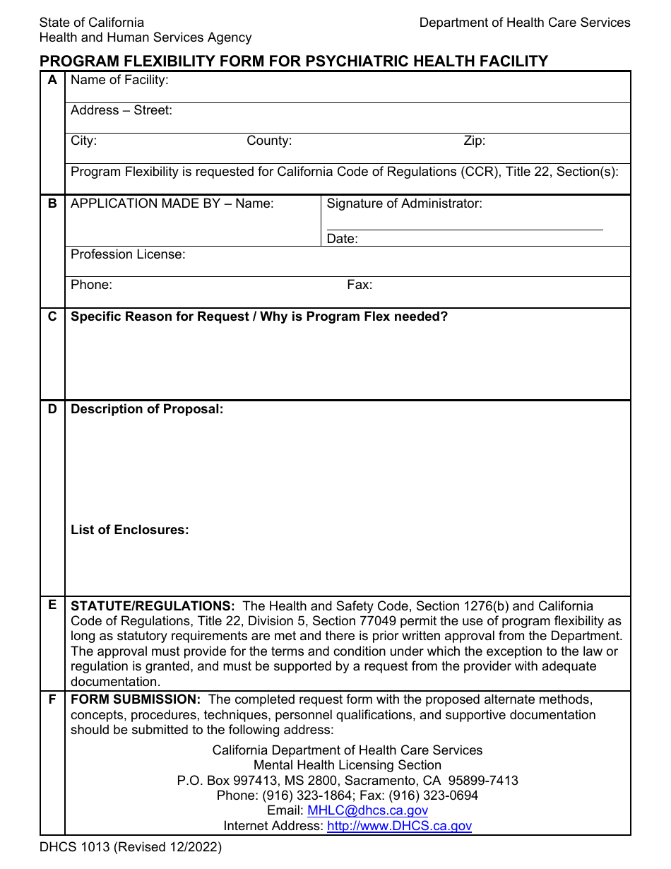 Form DHCS1013 Program Flexibility Form for Psychiatric Health Facility - California, Page 1