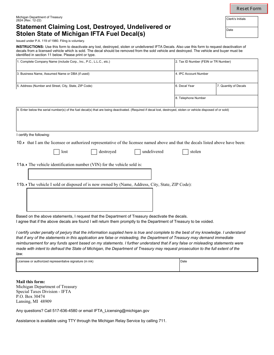 Form 2824 - Fill Out, Sign Online and Download Fillable PDF, Michigan ...