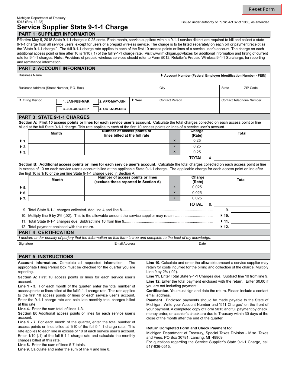 Form 5013 Service Supplier State 9-1-1 Charge - Michigan, Page 1