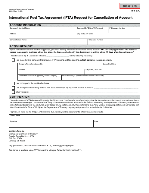 Form 4460 International Fuel Tax Agreement (Ifta) Request for Cancellation of Account - Michigan