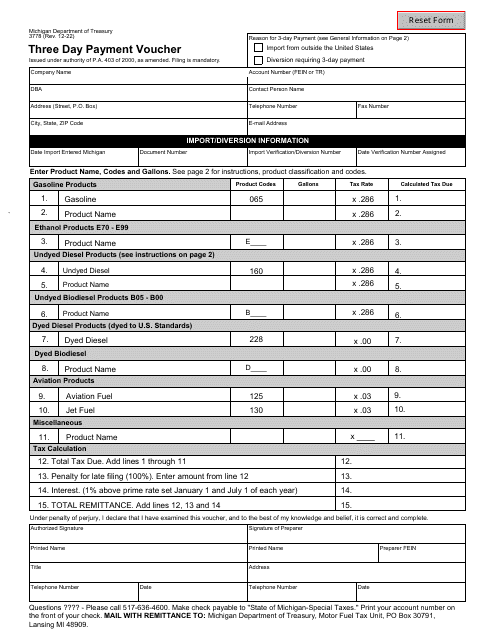 Form 3778 Three Day Payment Voucher (Jan. 1, 2023 and After) - Michigan, 2023