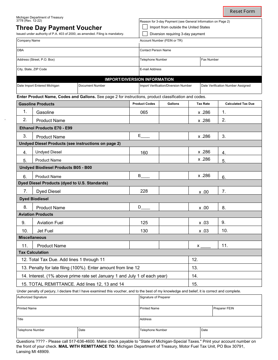 Form 3778 Three Day Payment Voucher (Jan. 1, 2023 and After) - Michigan, Page 1