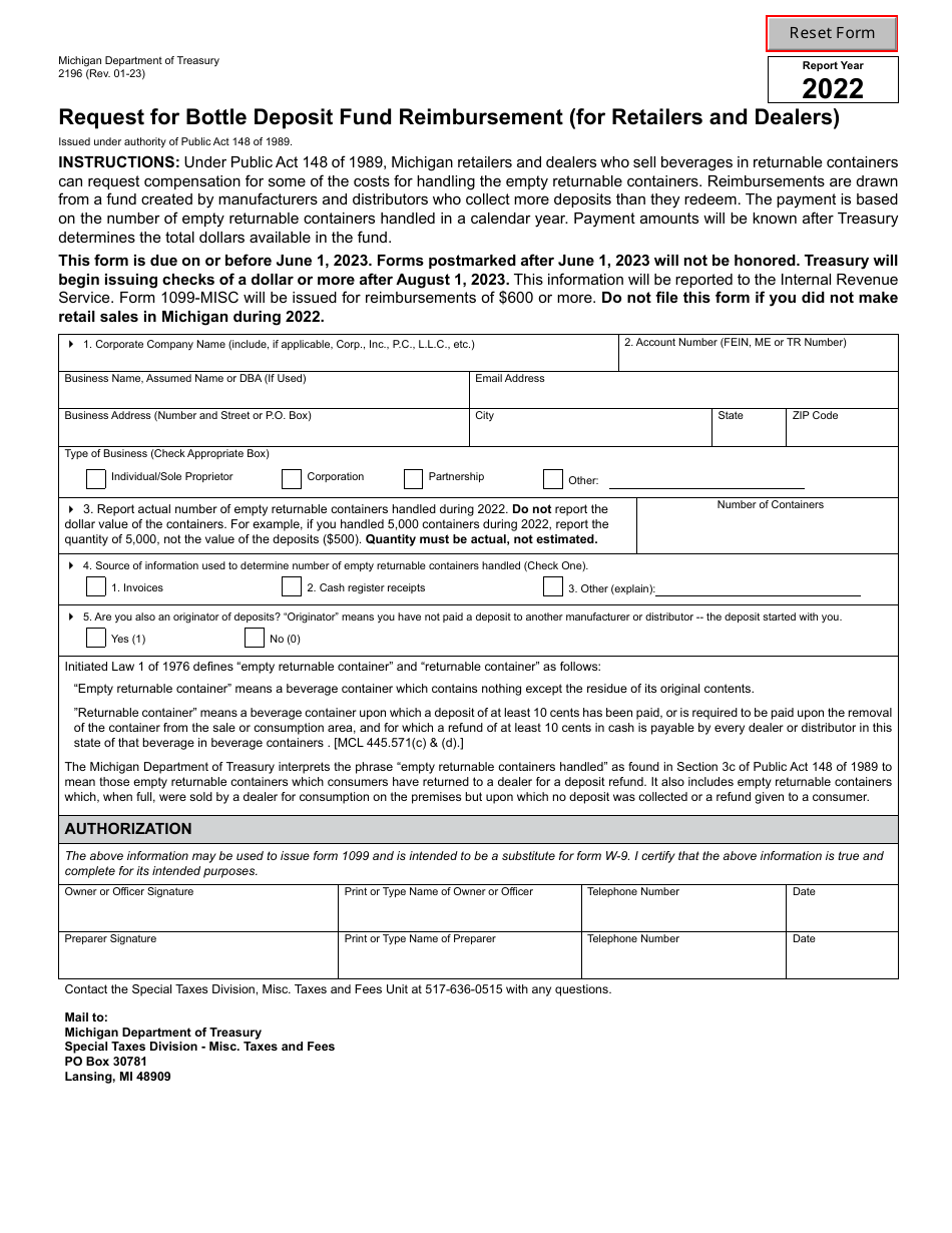 Form 2196 Request for Bottle Deposit Fund Reimbursement (For Retailers and Dealers) - Michigan, Page 1