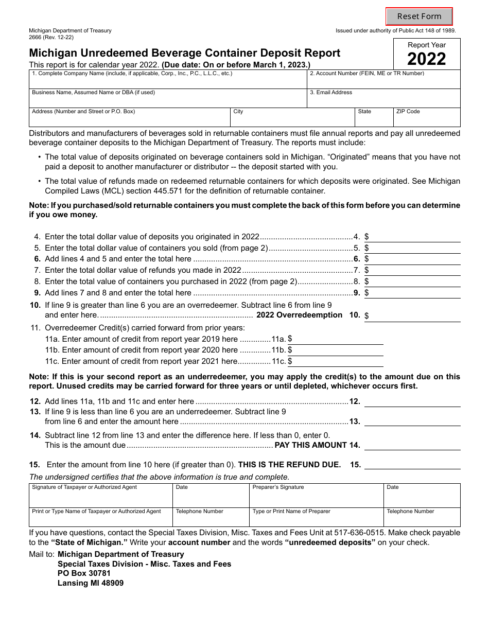 Form 2666 Michigan Unredeemed Beverage Container Deposit Report - Michigan, Page 1