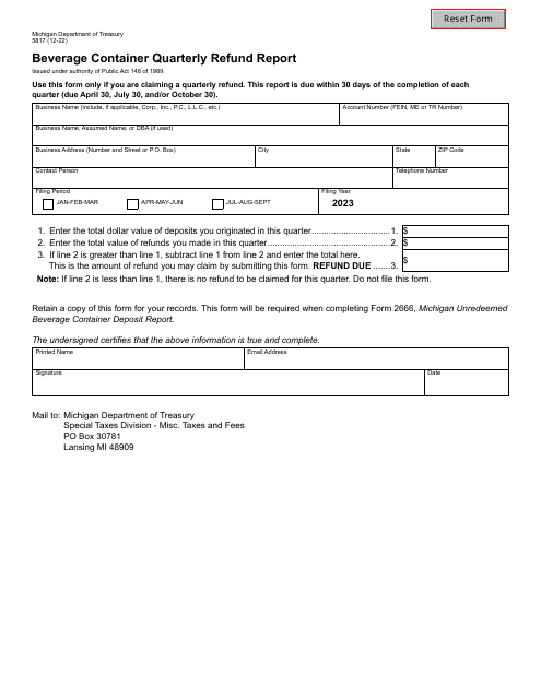 Form 5817 Beverage Container Quarterly Refund Report - Michigan