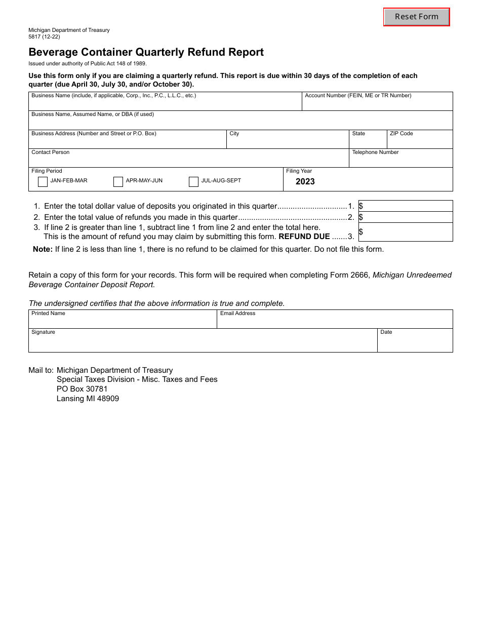 Form 5817 Beverage Container Quarterly Refund Report - Michigan, Page 1