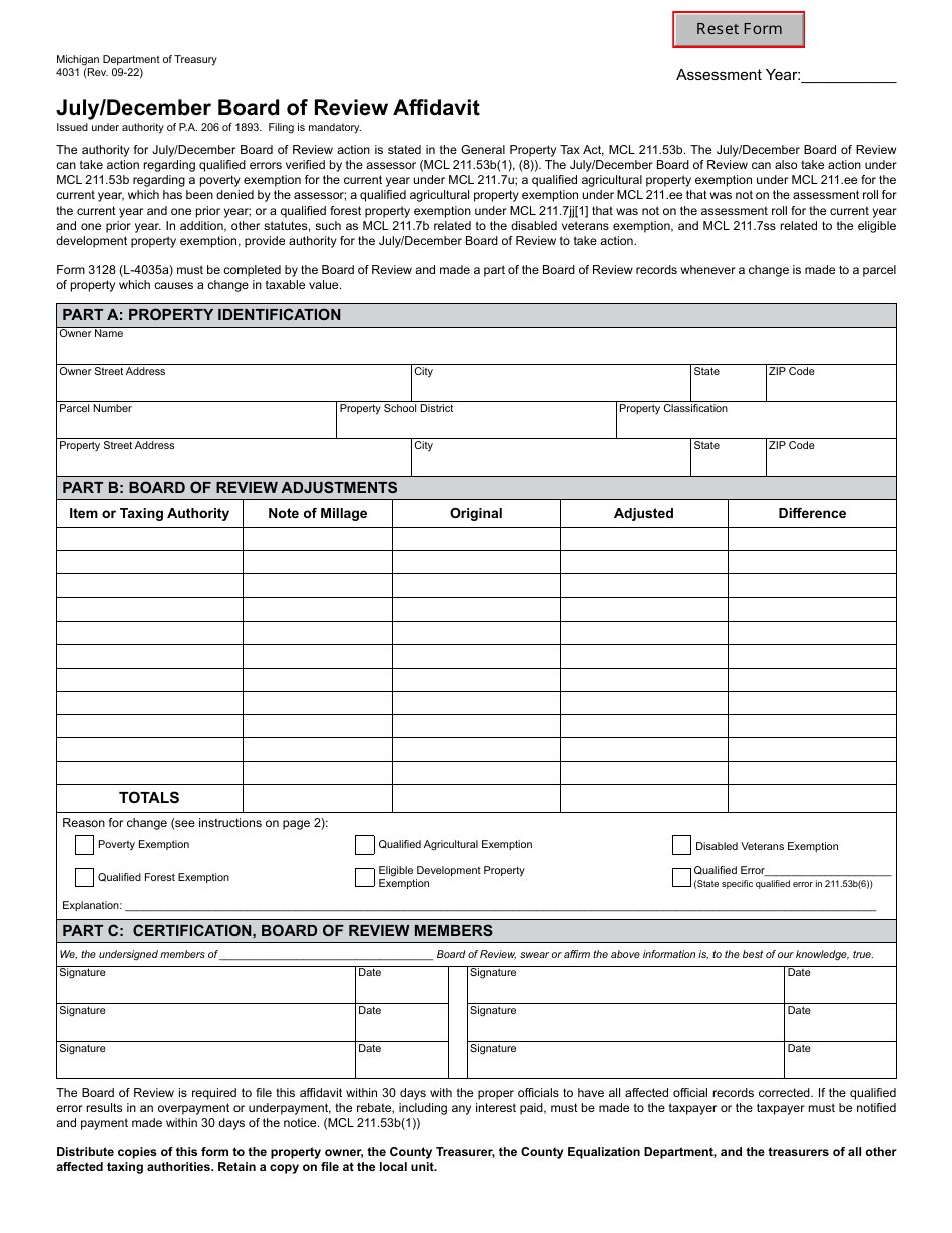 Form 4031 July / December Board of Review Affidavit - Michigan, Page 1