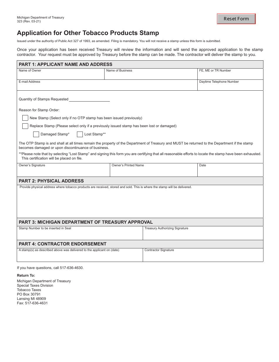 Form 323 Application for Other Tobacco Products Stamp - Michigan, Page 1