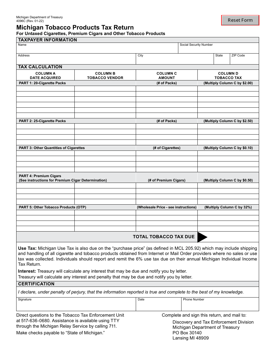 Form 4096C Michigan Tobacco Products Tax Return for Untaxed Cigarettes, Premium Cigars and Other Tobacco Products - Michigan, Page 1