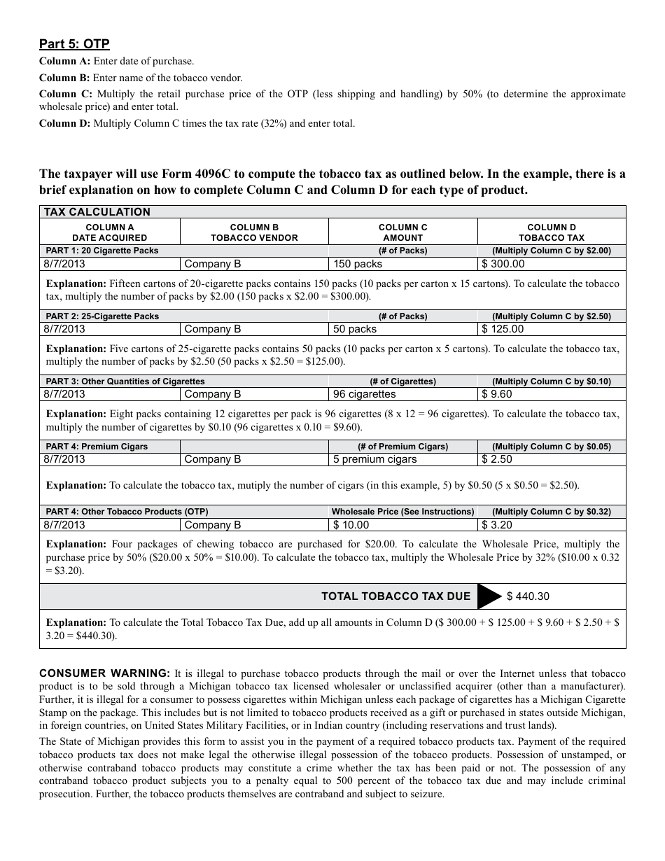 Form 4096C Michigan Tobacco Products Tax Return for Untaxed Cigarettes, Premium Cigars and Other Tobacco Products - Michigan, Page 3