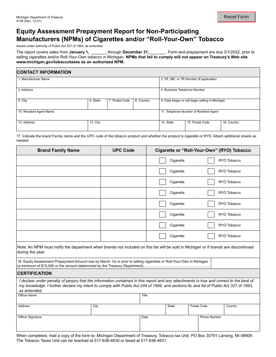 Form 4126 Equity Assessment Prepayment Report for Non-participating Manufacturers (Npms) of Cigarettes and / or roll-Your-Own Tobacco - Michigan, Page 1