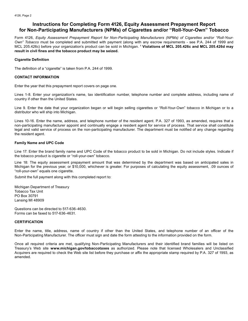 Form 4126 Equity Assessment Prepayment Report for Non-participating Manufacturers (Npms) of Cigarettes and / or roll-Your-Own Tobacco - Michigan, Page 2