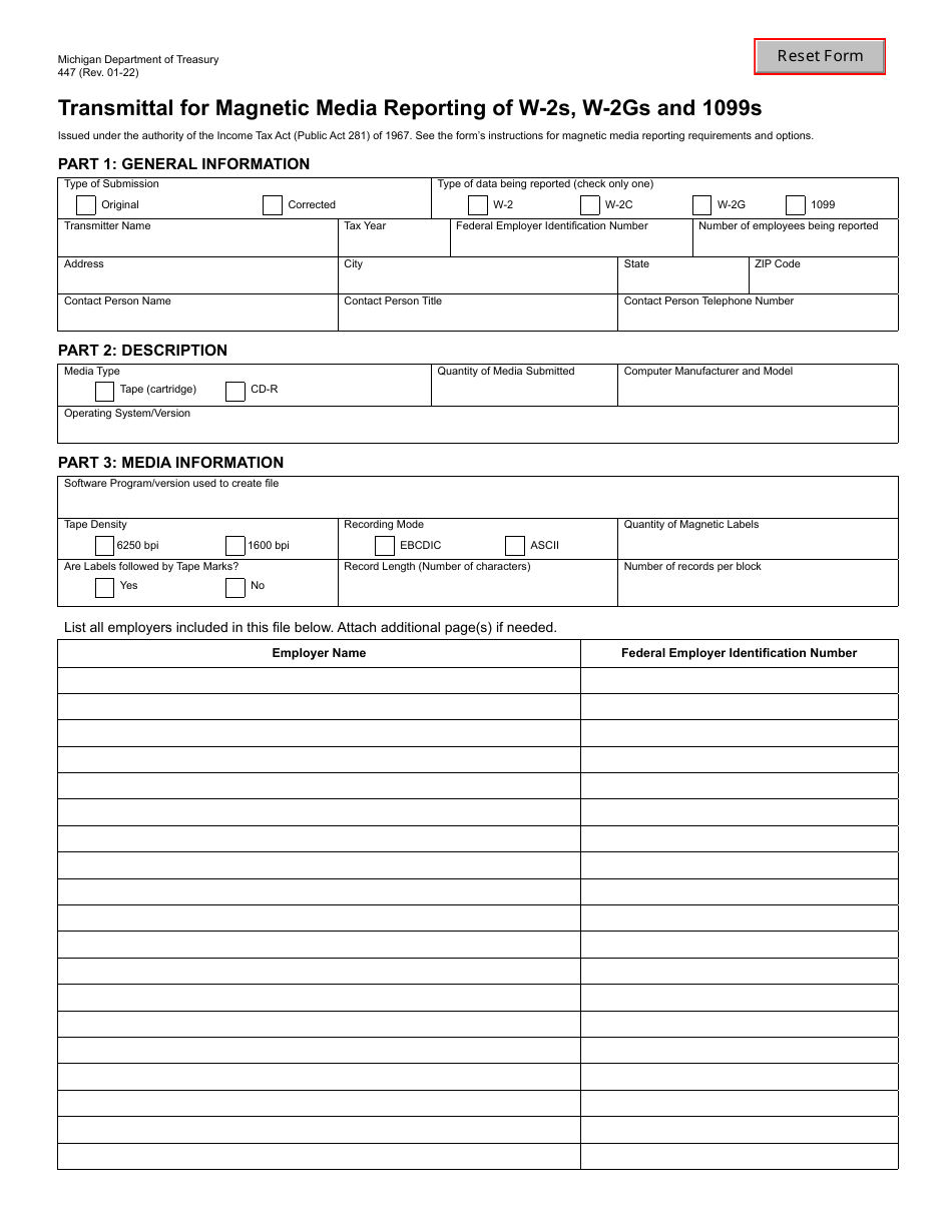 Form 447 Transmittal for Magnetic Media Reporting of W-2s, W-2gs and 1099s - Michigan, Page 1