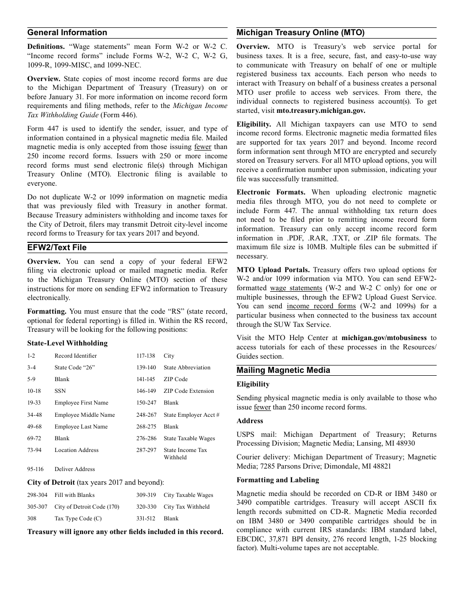 Form 447 Transmittal for Magnetic Media Reporting of W-2s, W-2gs and 1099s - Michigan, Page 2