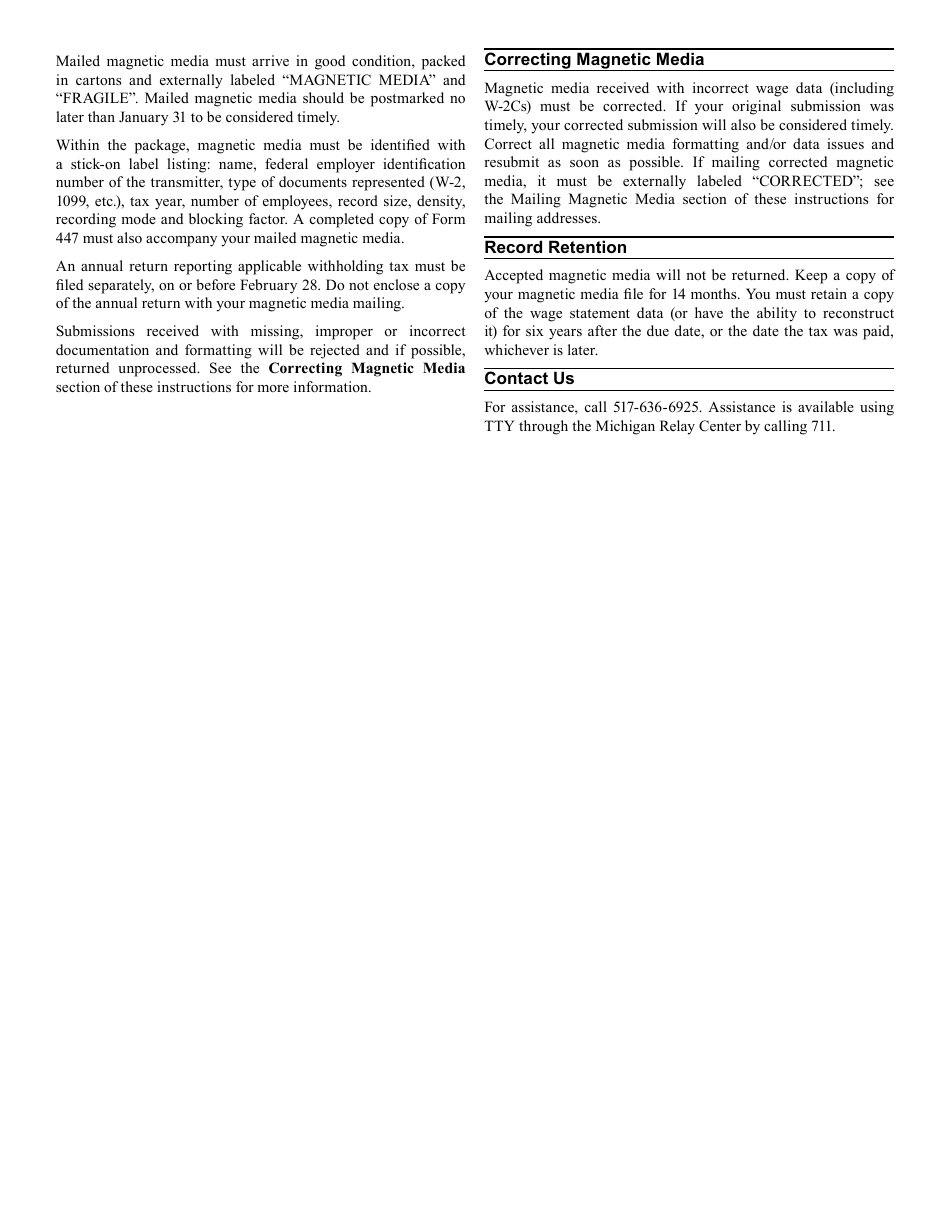 Form 447 Transmittal for Magnetic Media Reporting of W-2s, W-2gs and 1099s - Michigan, Page 3