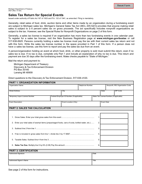 Form 3421 Sales Tax Return for Special Events - Michigan