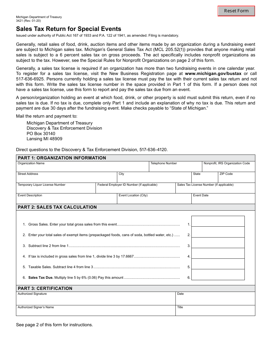 Form 3421 Sales Tax Return for Special Events - Michigan, Page 1