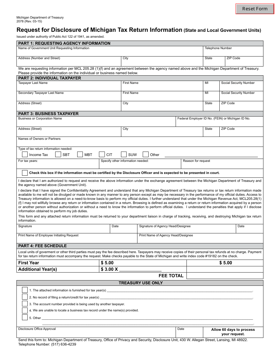 Form 2078 Request for Disclosure of Michigan Tax Return Information (State and Local Government Units) - Michigan, Page 1