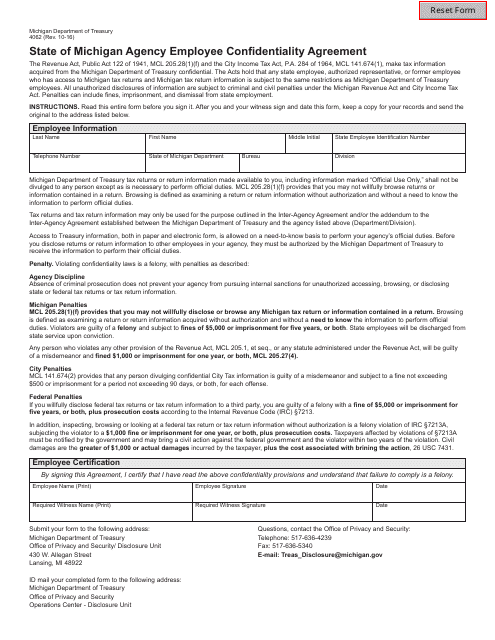 Form 4062 State of Michigan Agency Employee Confidentiality Agreement - Michigan