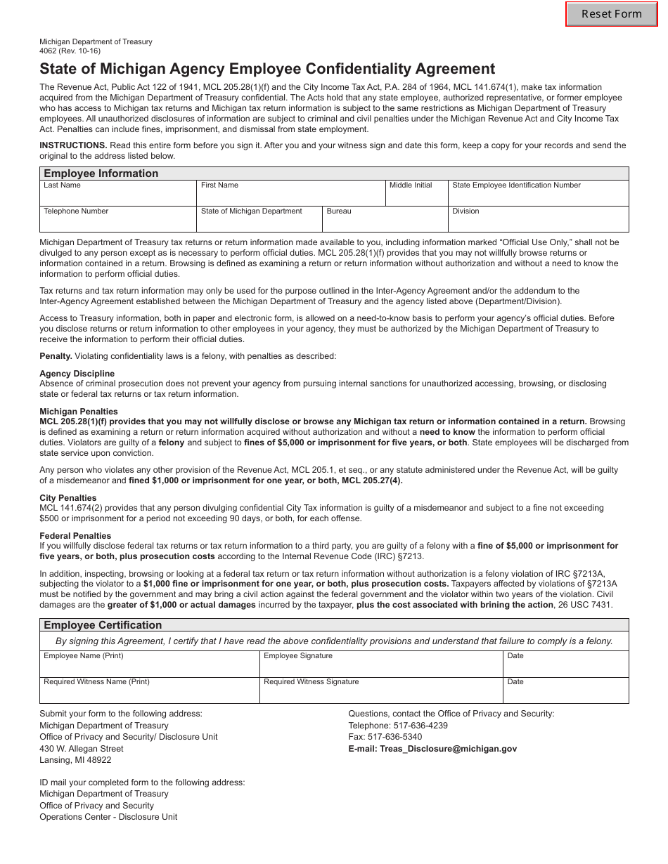 Form 4062 State of Michigan Agency Employee Confidentiality Agreement - Michigan, Page 1