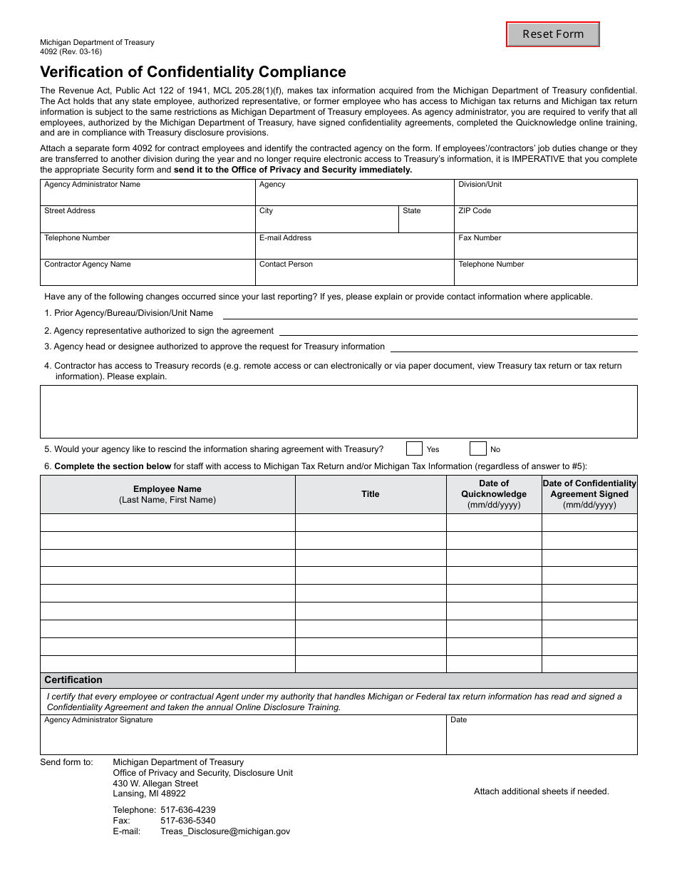 Form 4092 Fill Out, Sign Online and Download Fillable PDF, Michigan
