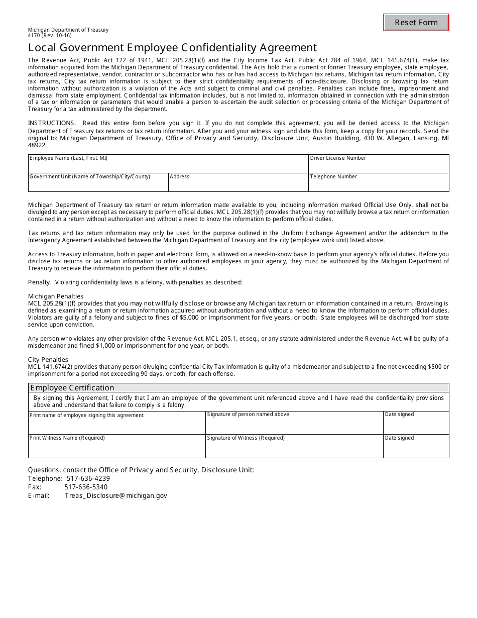 Form 4170 Local Government Employee Confidentiality Agreement - Michigan, Page 1