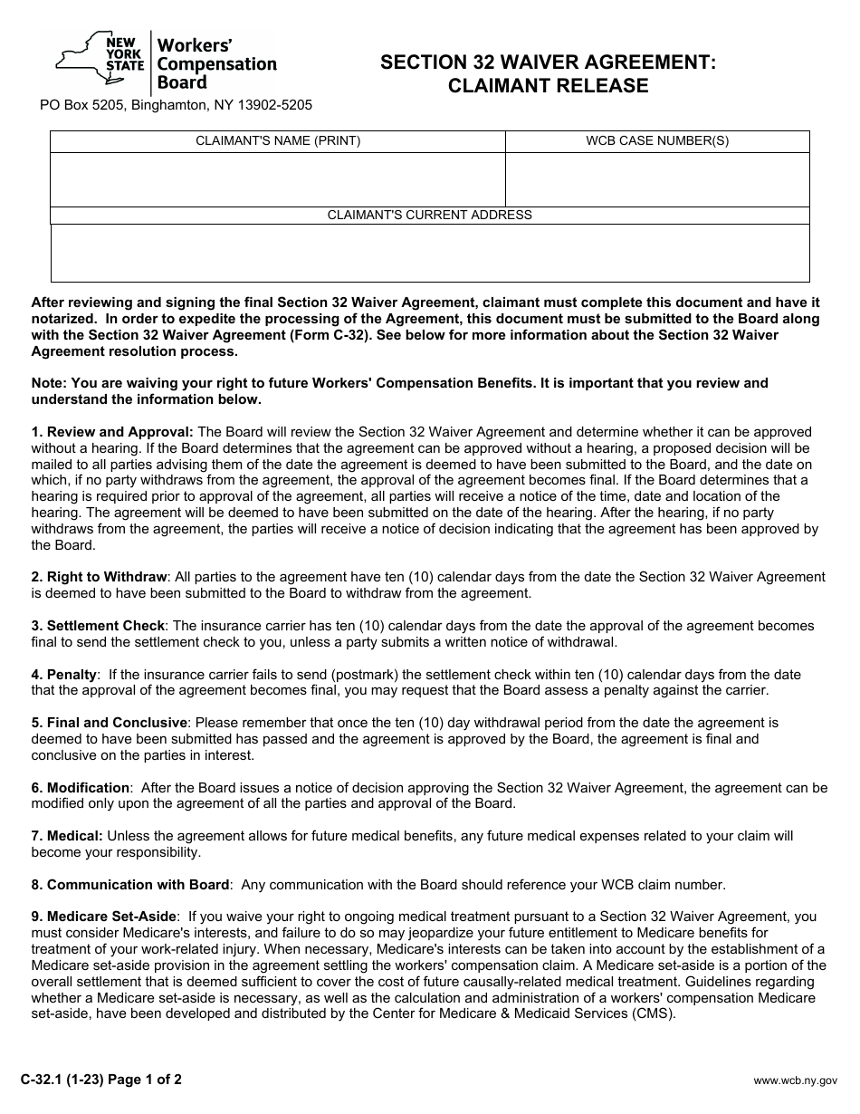 Form C-32.1 Section 32 Waiver Agreement: Claimant Release - New York, Page 1