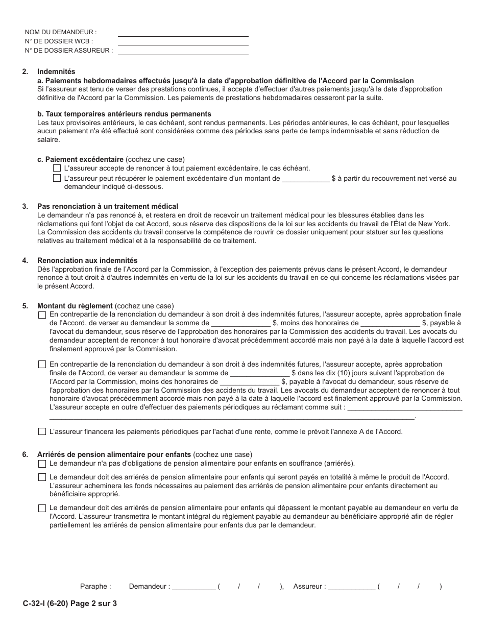 Form C-32-I Settlement Agreement - Section 32 Wcl Indemnity Only Settlement Agreement - New York (French), Page 2
