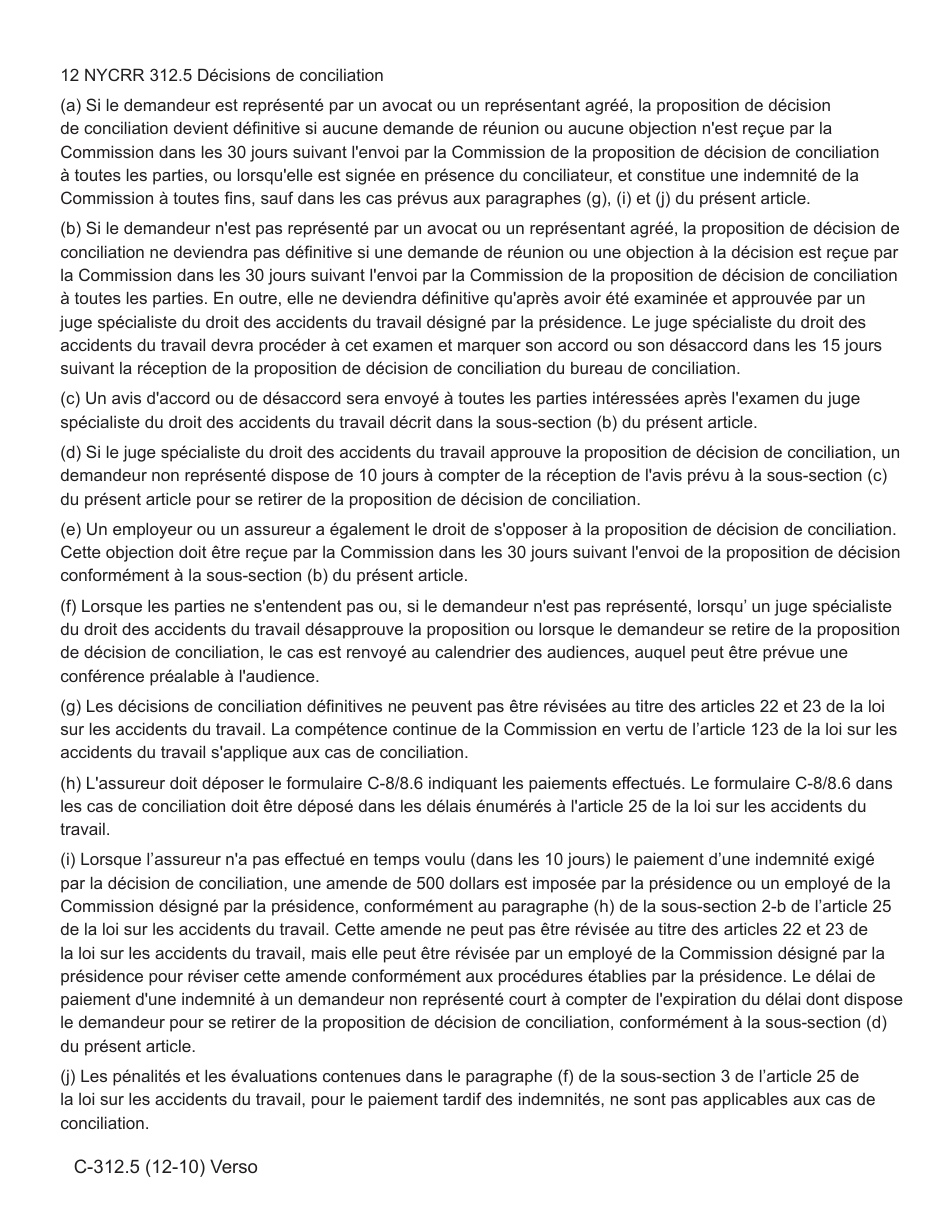 Form C-312.5 Agreed Upon Findings and Awards for Proposed Conciliation Decision - Represented Claimants Only - New York (French), Page 2