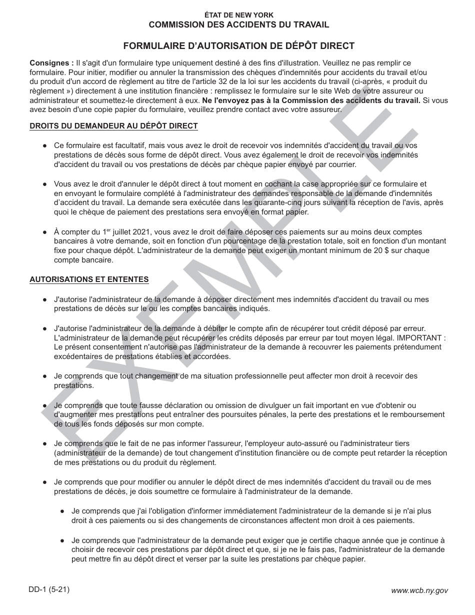 Form DD-1 Direct Deposit Authorization Form - Sample - New York (French), Page 1