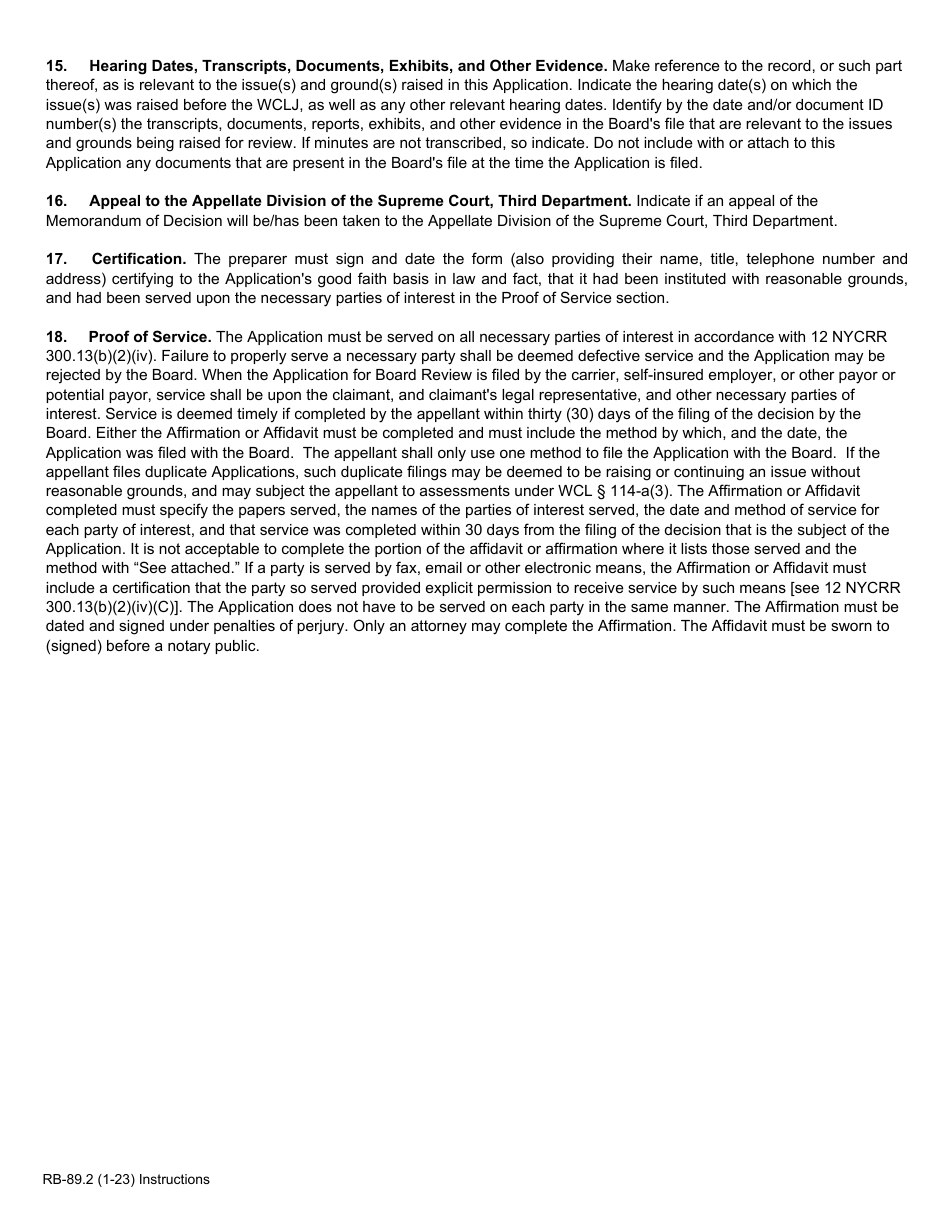 Form RB-89.2 Application for Reconsideration / Full Board Review - New York, Page 2