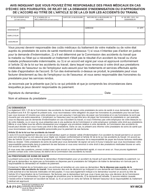 Form A-9 Notice That You May Be Responsible for Medical Costs in the Event of Failure to Prosecute, or if Compensation Claim Is Disallowed, or if Agreement Pursuant to Wcl 32 Is Approved - New York (French)