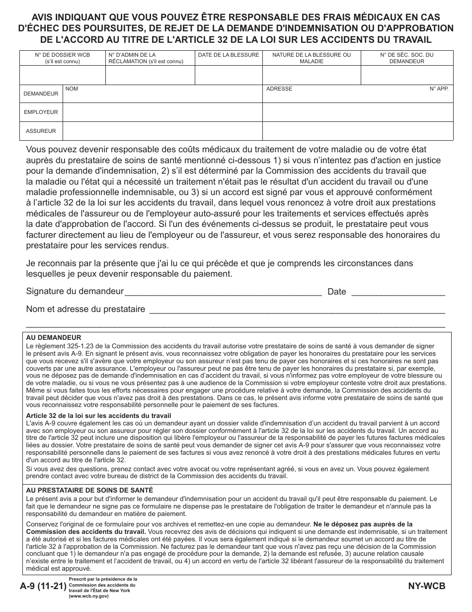 Form A-9 Notice That You May Be Responsible for Medical Costs in the Event of Failure to Prosecute, or if Compensation Claim Is Disallowed, or if Agreement Pursuant to Wcl 32 Is Approved - New York (French), Page 1