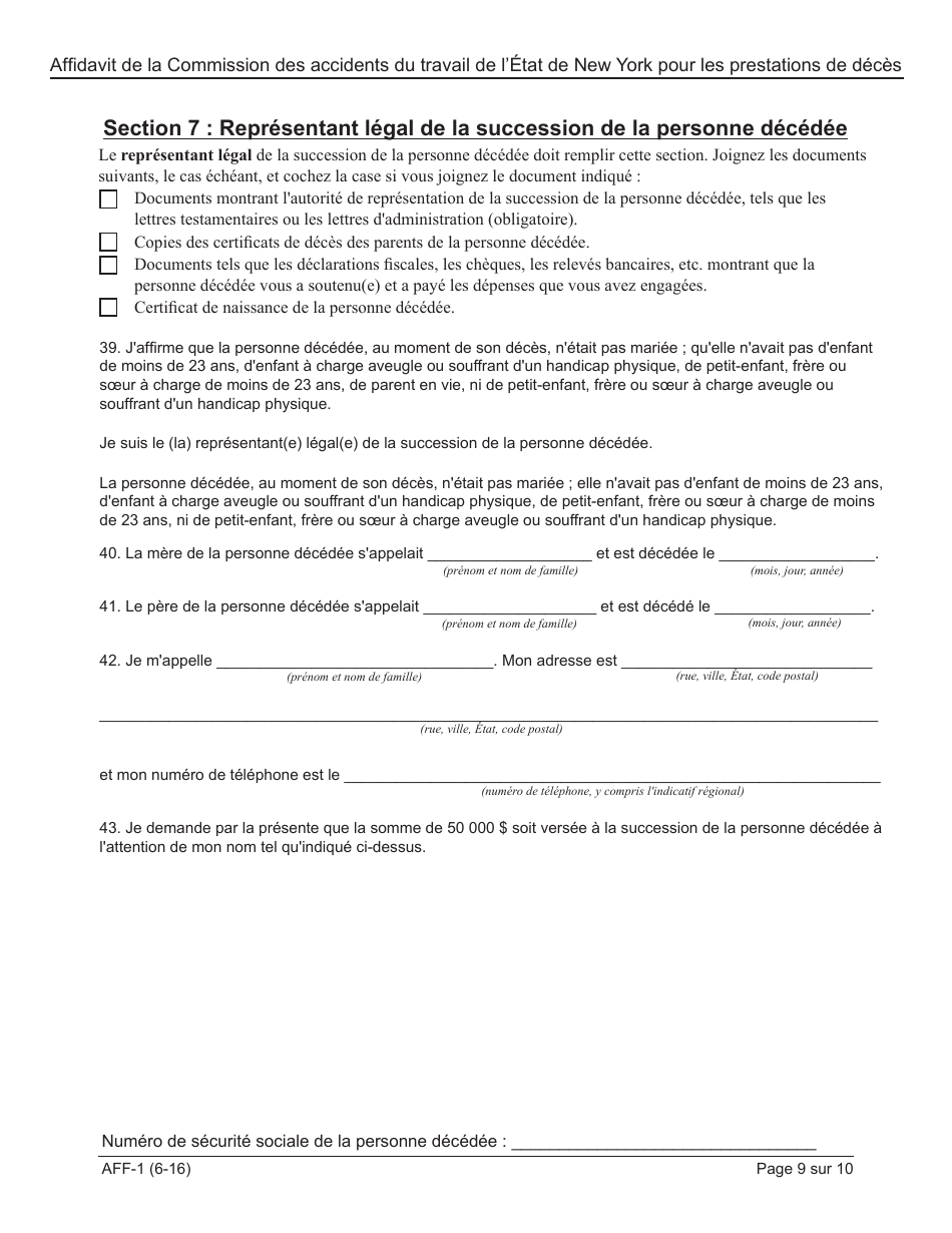 Form AFF-1 Affidavit for Death Benefits - New York (French), Page 10