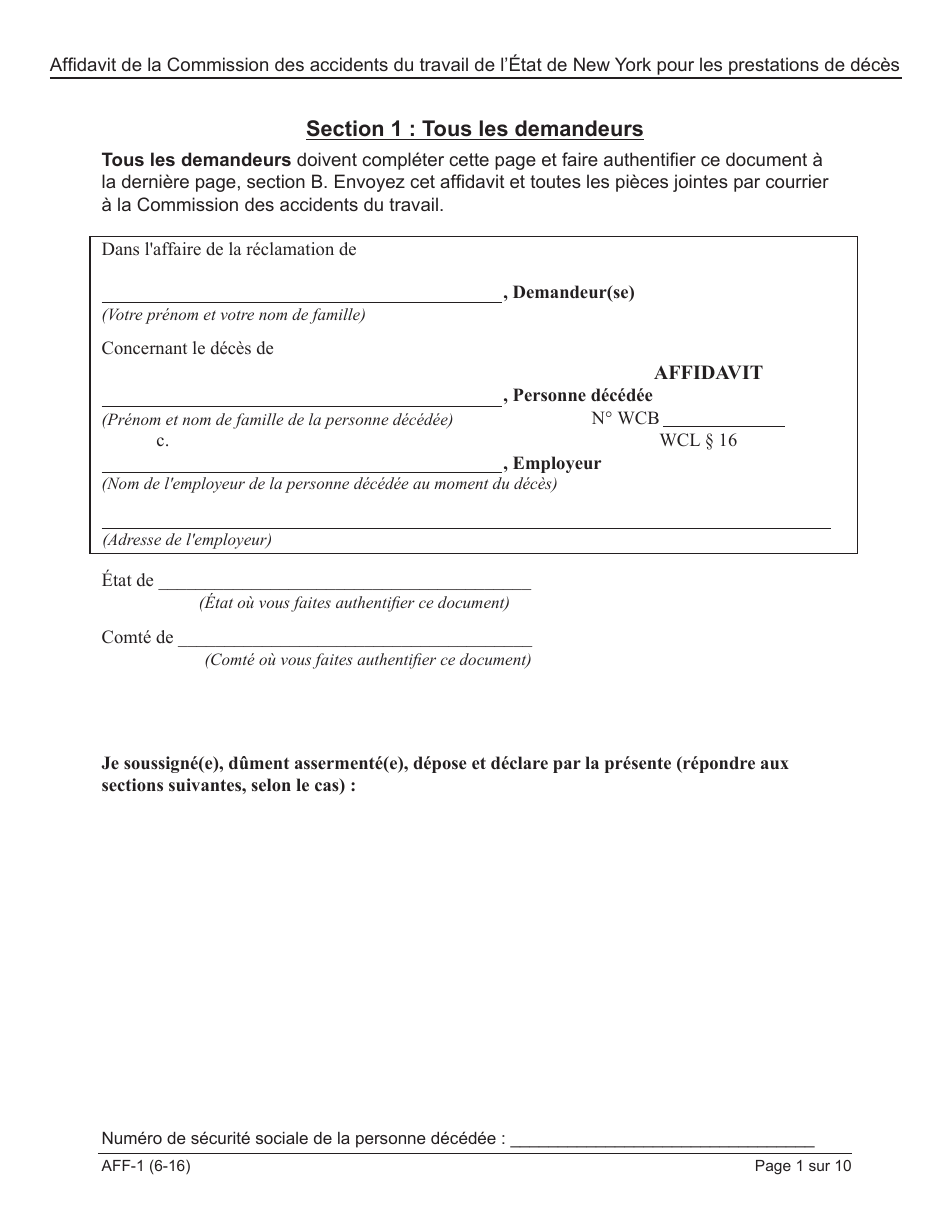 Form AFF-1 Affidavit for Death Benefits - New York (French), Page 2