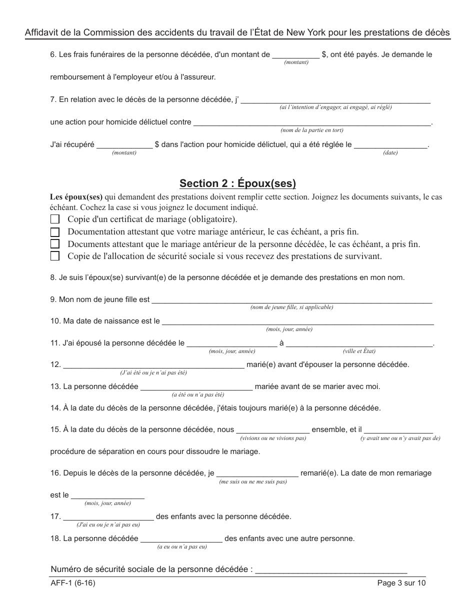 Form AFF-1 Affidavit for Death Benefits - New York (French), Page 4