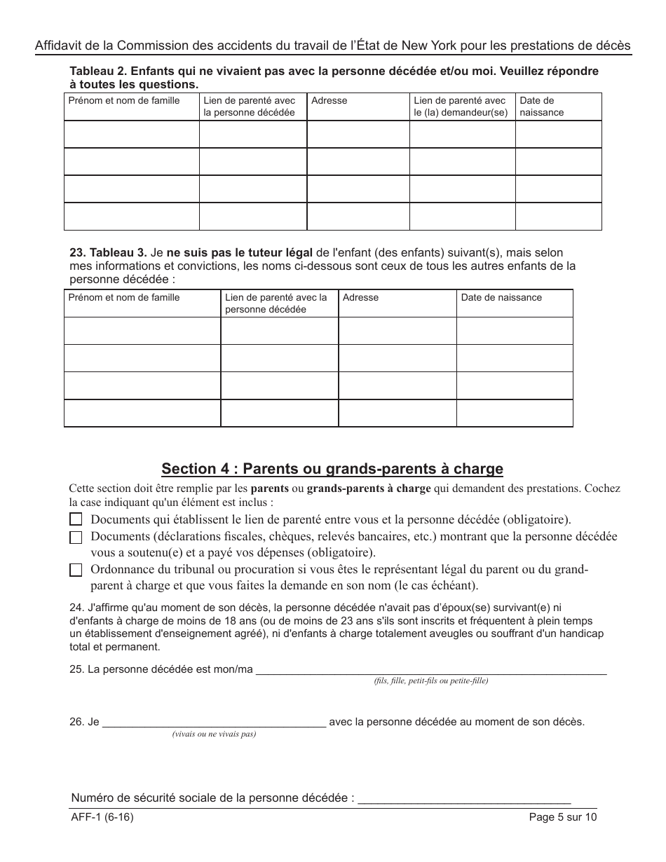 Form AFF-1 Affidavit for Death Benefits - New York (French), Page 6