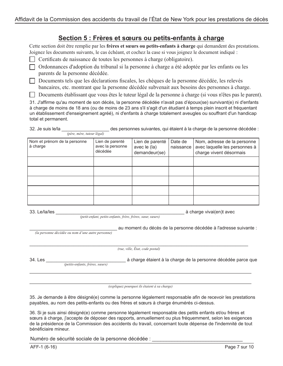 Form AFF-1 Affidavit for Death Benefits - New York (French), Page 8