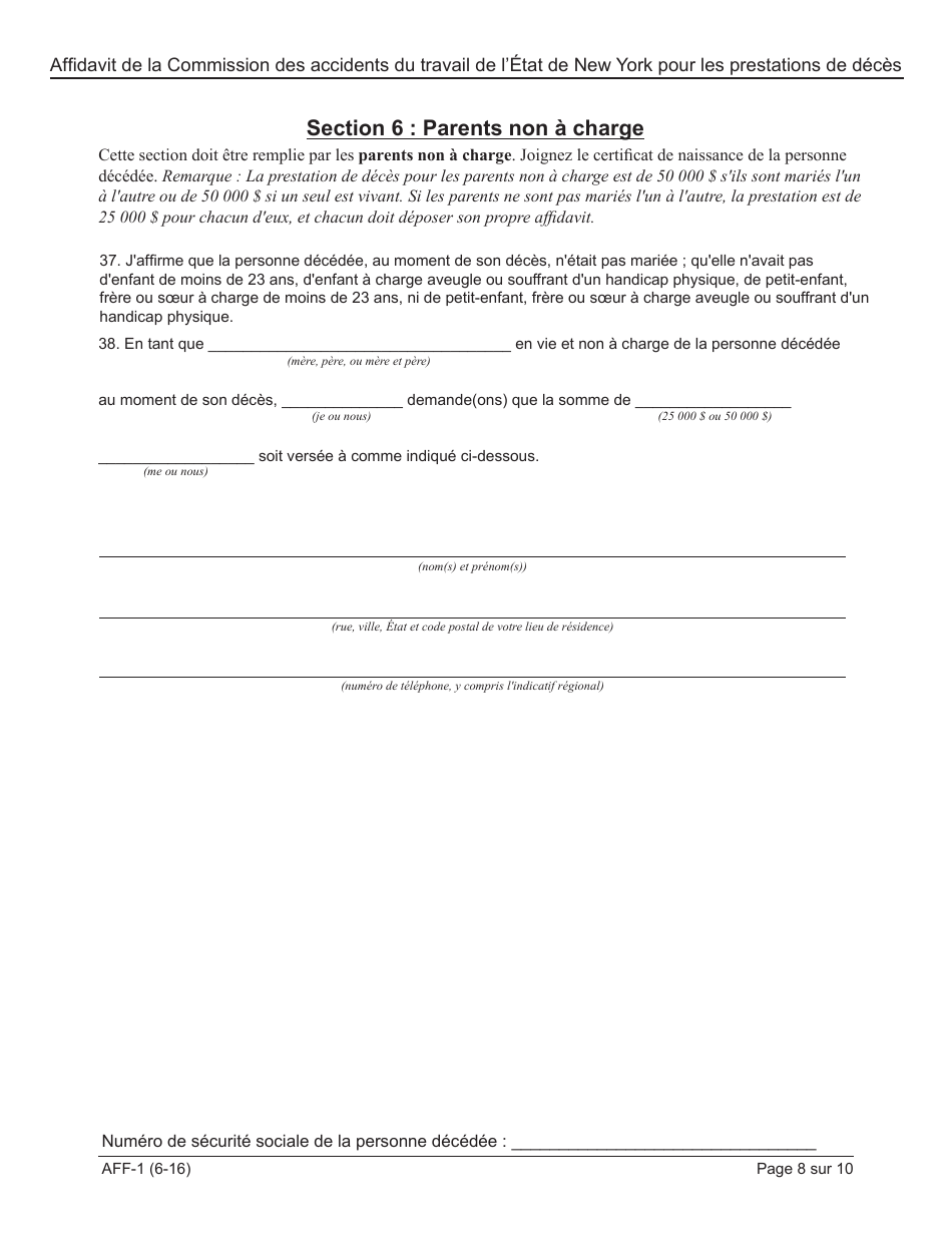 Form AFF-1 Affidavit for Death Benefits - New York (French), Page 9