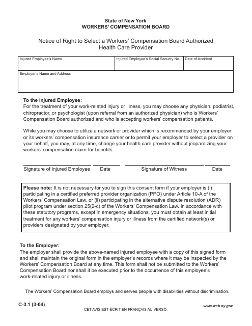 Form C-3.1 Notice of Right to Select a Workers' Compensation Board Authorized Health Care Provider - New York (English/French)