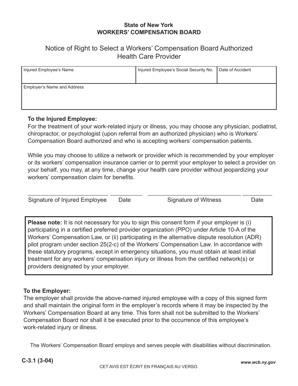 Form C-3.1 Notice of Right to Select a Workers Compensation Board Authorized Health Care Provider - New York (English / French), Page 1
