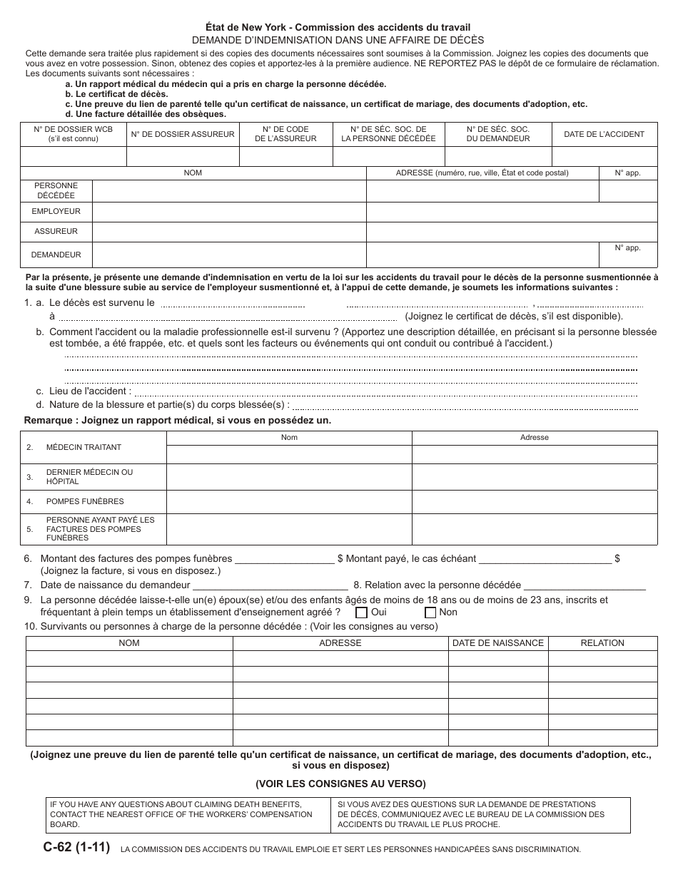 Form C-62 Claim for Compensation in a Death Case - New York (French), Page 1