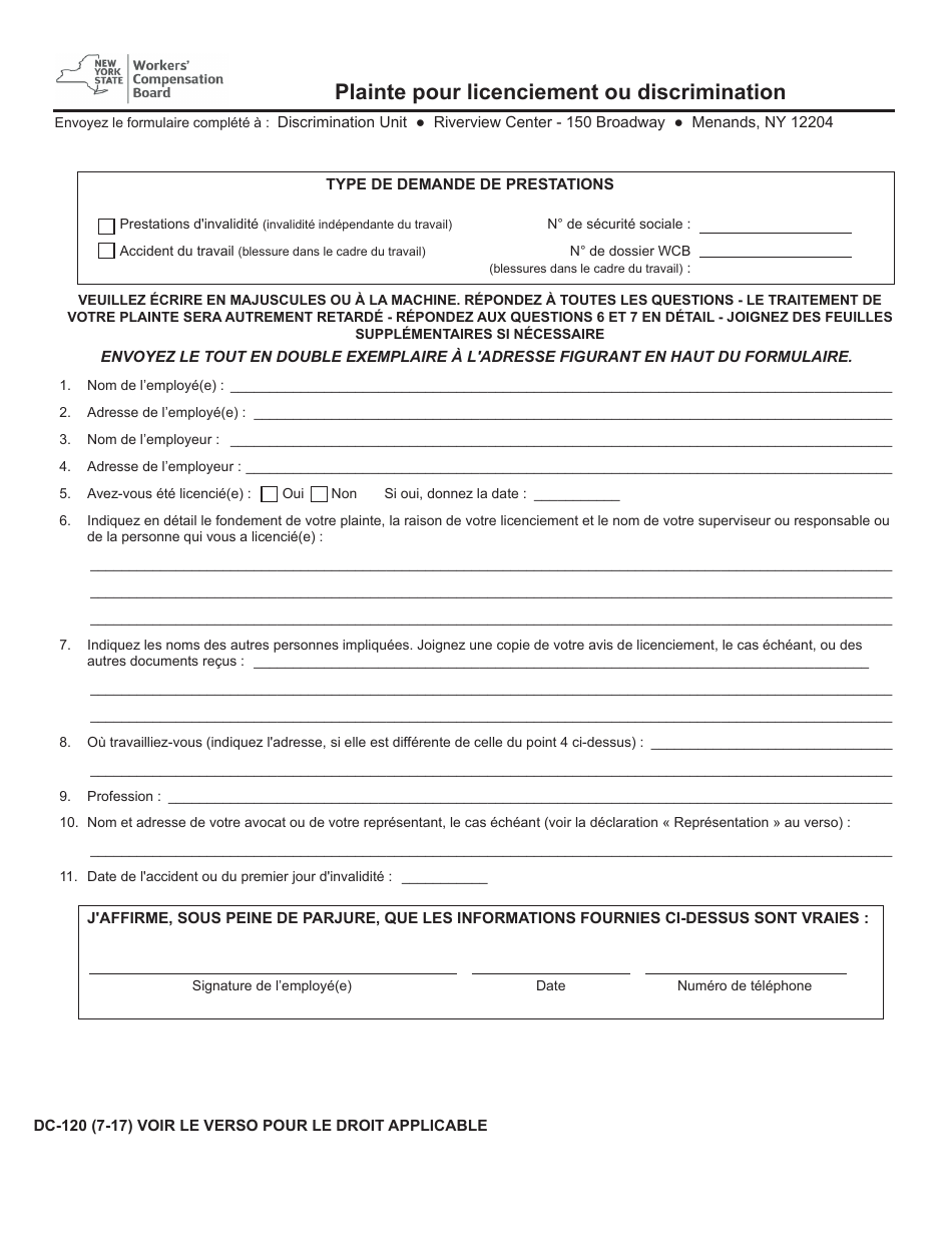 Form DC-120 Discharge or Discrimination Complaint - New York (French), Page 1