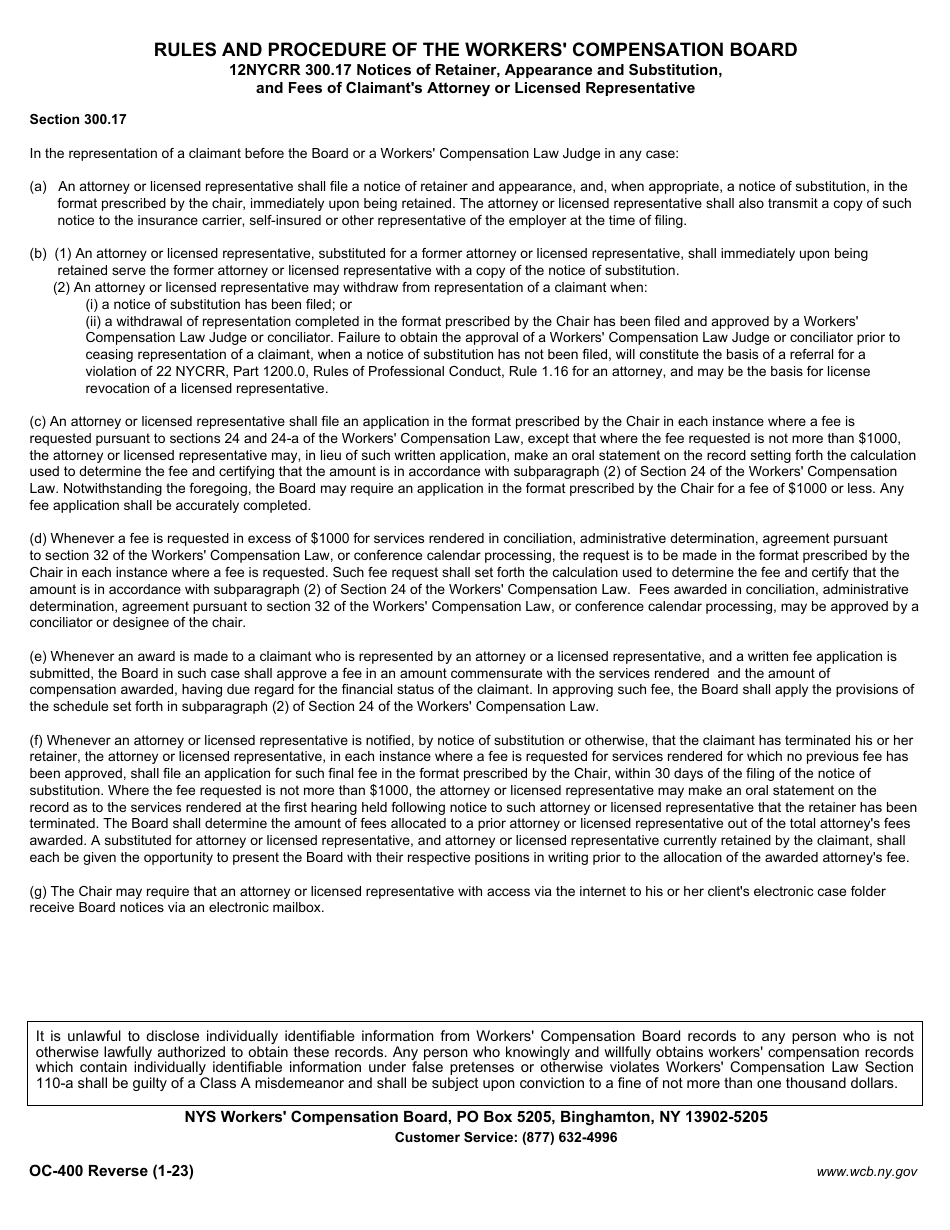 Form OC-400 Notice of Retainer and Substitution - New York, Page 2