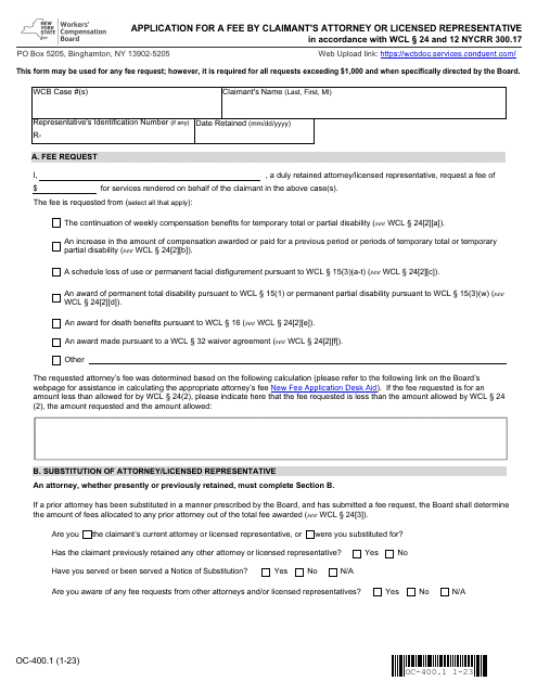 Form OC-400.1 Application for a Fee by Claimant's Attorney or Licensed Representative - New York