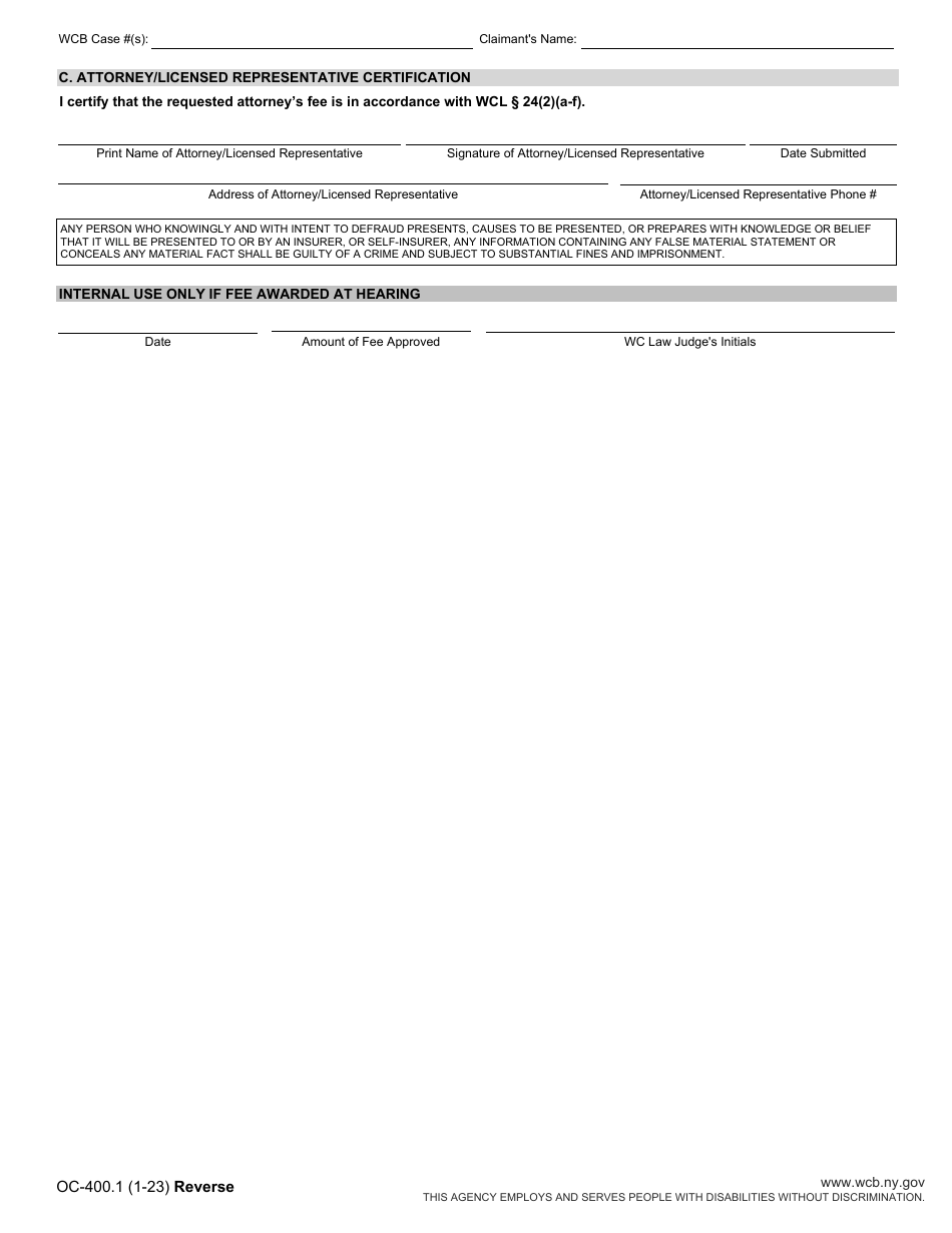 Form OC-400.1 Application for a Fee by Claimants Attorney or Licensed Representative - New York, Page 2