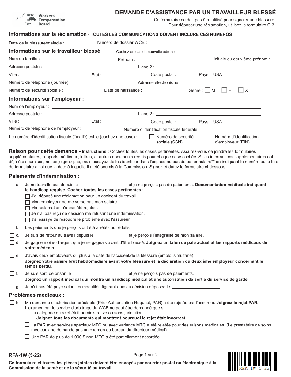 Form RFA-1W Request for Assistance by Injured Worker - New York (French), Page 1